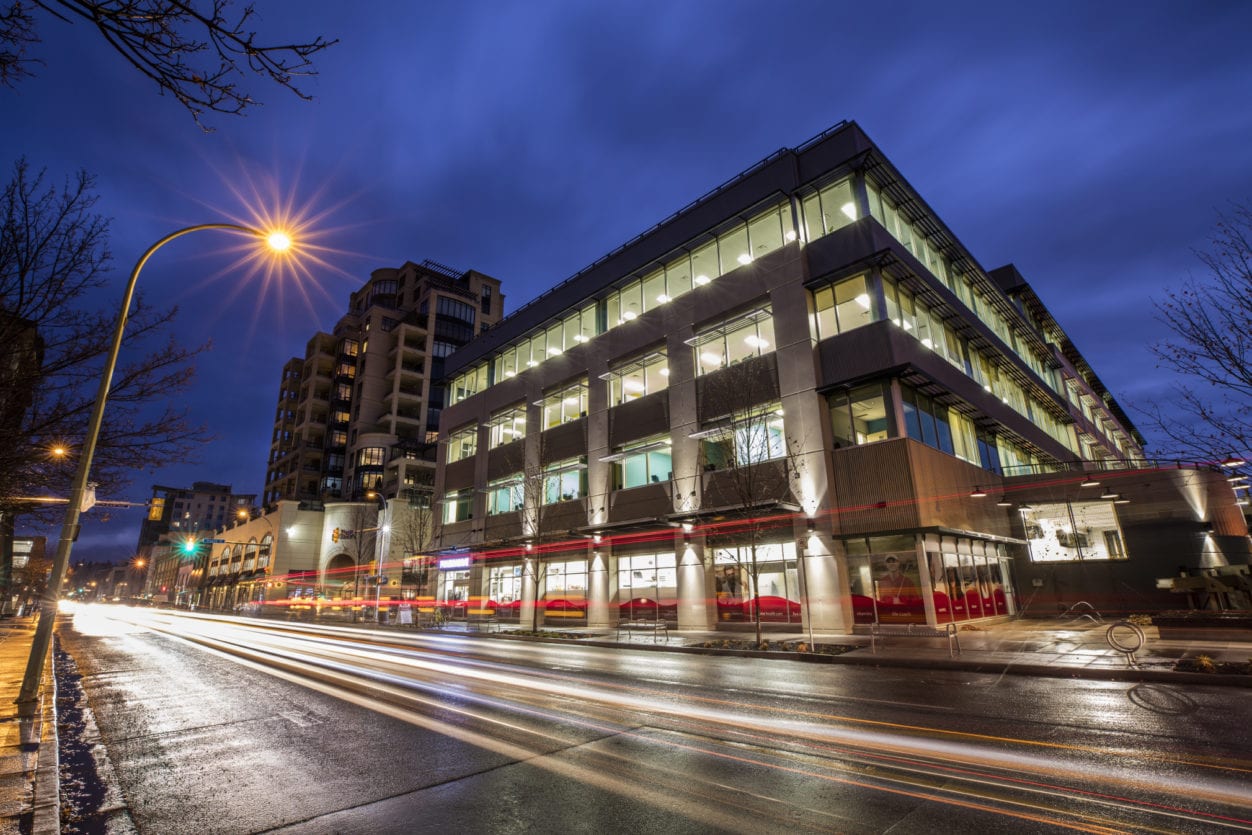 Pihl Law Ellis Street at Night in Kelowna offering a variety of law practices such as construction law