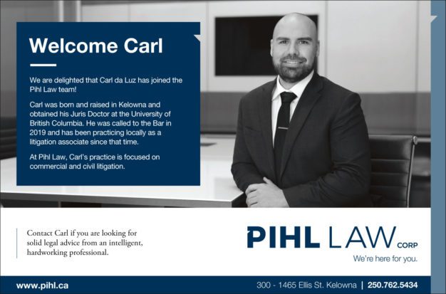 Welcome announcement for Carl da Luz, Pihl Law's newest commercial and civil litigation lawyer