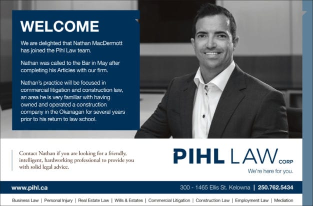 Pihl Law print announcement welcoming Nathan MacDermott to the commercial litigation and construction law team, with a picture of Nathan and some text similar to the post