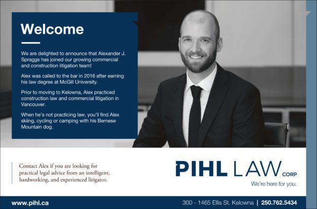 welcome announcement for Alexander Spraggs lawyer with headshot and company logo