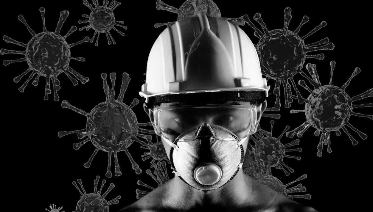 Asian Man wear N95 surgical mask and safety goggle glasses equipment to protect from virus, covid. Monochrome black and white concept protector fight against 3d render coronavirus or covid-19